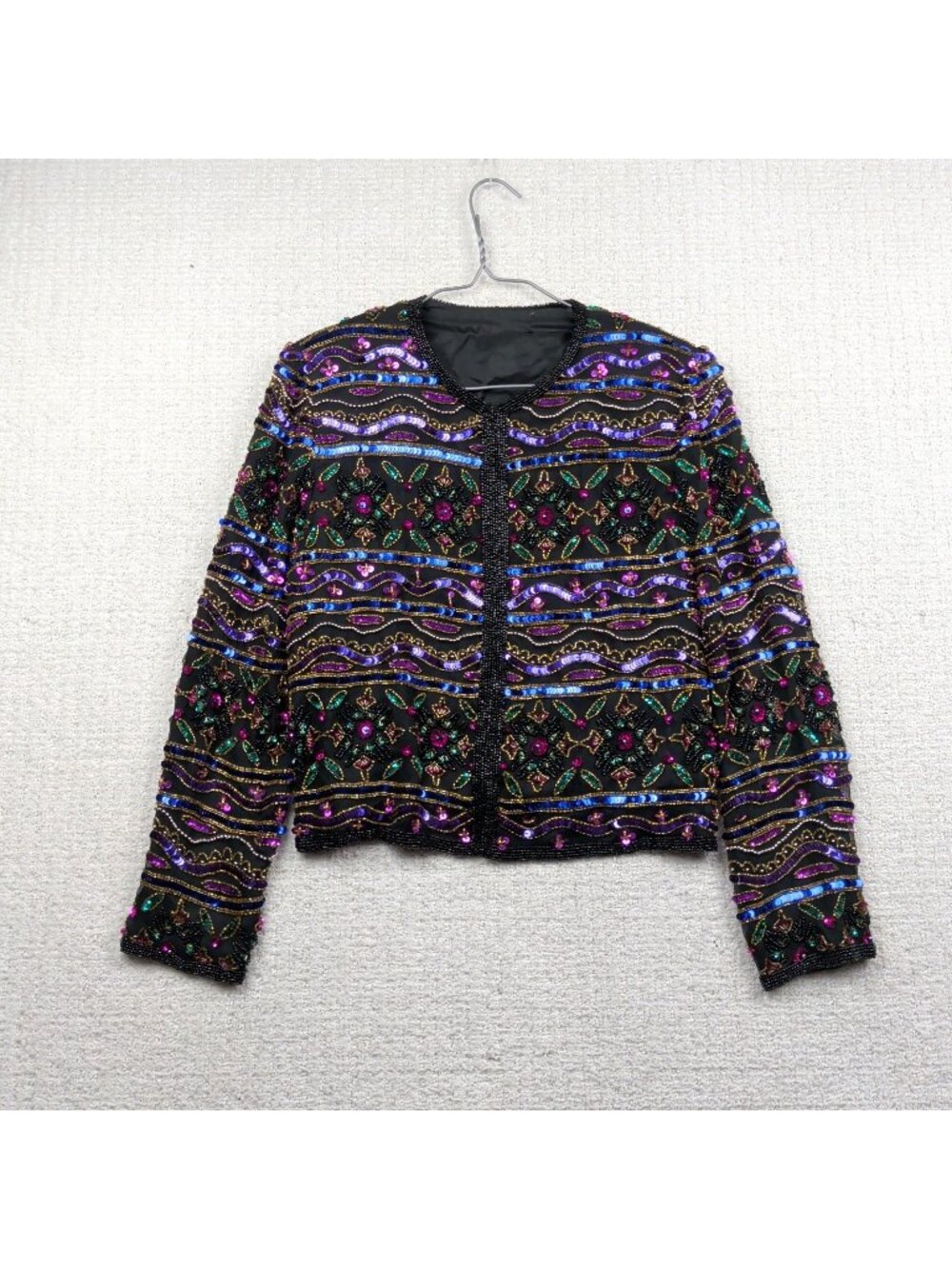 Vintage Papell Boutique Evening Silk Beaded Sequin Jacket Large Old Money Read